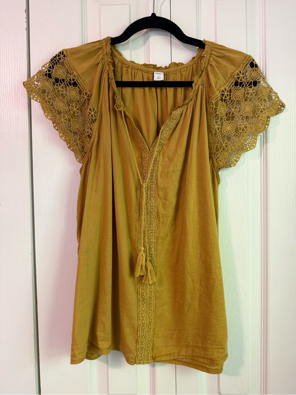 Women's Mustard Crochet Sleeve Peasant Blouse